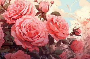 ai gegenereerd roze rozen zijn in de omgeving van een roze achtergrond foto