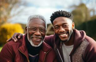 ai gegenereerd twee zwart mannen glimlachen samen Bij huis foto