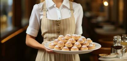 ai gegenereerd de serveerster is Holding twee dienbladen met gebakjes en koffie foto