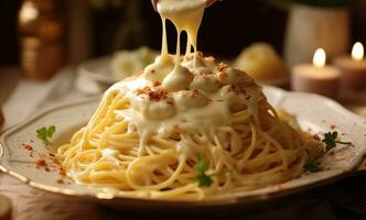 ai gegenereerd spaghetti is wezen geplukt omhoog met een vork over- wit saus foto