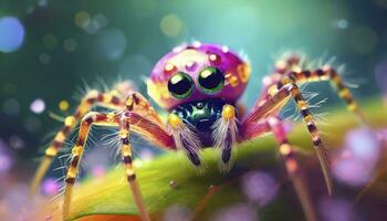 ai gegenereerd micro wonder. een detailopname macro foto vastleggen de klein, schattig, en aanbiddelijk kleuren van een spin, onthulling de schoonheid in de klein vraagt zich af van natuur.