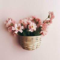 ai gegenereerd een wit mand met roze bloemen zittend Aan top van een wit gestreept achtergrond foto