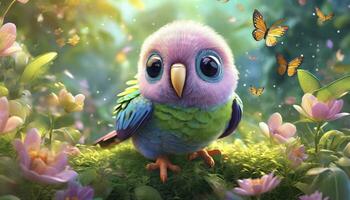 ai gegenereerd 3d geven van een aanbiddelijk baby papegaai, met groot ogen, temidden van een tuin bruisend met vlinders en weelderig groen. de tafereel straalt uit een zacht, magisch aura, sprankelend met fee stof. foto