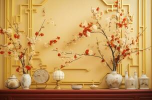 ai gegenereerd Chinese nieuw jaar in de huis met bloemen en ornamenten, foto