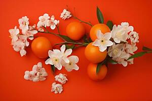 ai gegenereerd een arrangement van bloemen en sinaasappels Aan rood achtergrond foto
