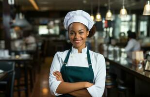 ai gegenereerd vrouw chef met een glimlach en armen gekruiste poseren in een restaurant foto