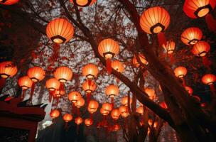 ai gegenereerd Chinese nieuw jaar Chinese lantaarns Aan de bomen foto