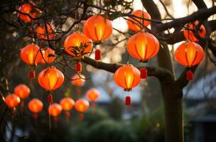 ai gegenereerd Chinese nieuw jaar Chinese lantaarns Aan de bomen foto