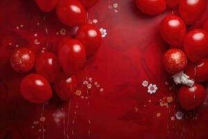 ai gegenereerd gelukkig Chinese nieuw jaar met rood ballonnen en bloemen Aan een achtergrond met rood achtergrond, foto