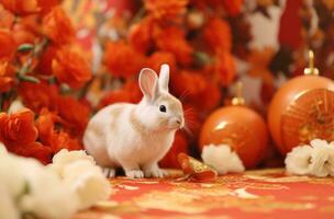 ai gegenereerd een konijn en oranje Aan een bloemrijk achtergrond. foto