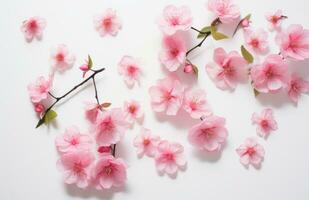 ai gegenereerd roze bloemen met bladeren vallend uit Aan wit achtergrond met voorjaar bloeiend foto