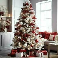 knus leven kamer met mooi Kerstmis boom en rood cadeaus in modern interieur. interieur van leven kamer versierd voor vrolijk Kerstmis met sokken, geschenk dozen en Kerstmis accessoires door ai gegenereerd foto