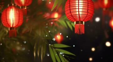 ai gegenereerd rood lantaarn achtergrond met groen bamboe bladeren rood lantaarn foto