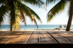 ai gegenereerd een houten tafel met palm bomen in de achtergrond foto