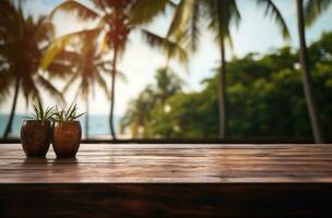 ai gegenereerd een houten tafel met palm bomen in de achtergrond foto