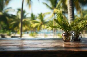 ai gegenereerd een houten tafel met palm bomen in de achtergrond foto