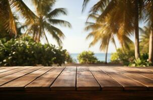 ai gegenereerd een houten tafel met palm bomen in de achtergrond foto