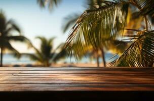 ai gegenereerd een houten tafel met palm bomen in de achtergrond foto