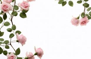ai gegenereerd roze pioen bloemen Aan wit met groen bladeren minimalistische achtergronden foto