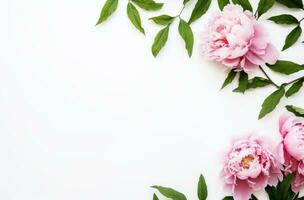 ai gegenereerd roze pioen bloemen Aan wit met groen bladeren minimalistische achtergronden foto