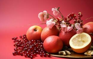 ai gegenereerd de Chinese nieuw jaar met fruit en decoraties Aan rood achtergrond, foto