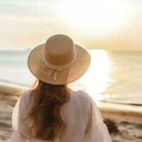 ai gegenereerd vrouw is op zoek Bij de zon Bij de strand in wit met hoed, foto