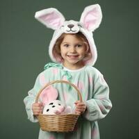 ai gegenereerd kind gekleed in een Pasen konijn kostuum Holding een mand van eieren foto