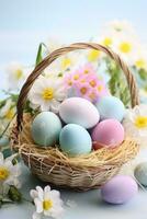 ai gegenereerd een feestelijk Pasen achtergrond met pastel gekleurde eieren en bloemen geregeld in een mand foto