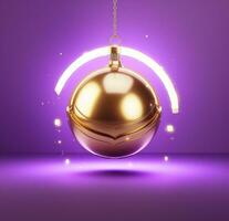 ai gegenereerd een gouden Kerstmis ornament Aan Purper achtergrond, foto