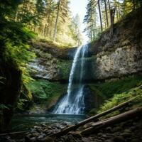 ai gegenereerd een rustgevend waterval trapsgewijs naar beneden een rotsachtig klif met een weelderig Woud in de achtergrond foto