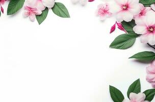ai gegenereerd wit achtergrond met roze bloemen en groen bladeren, foto