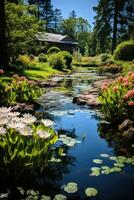 ai gegenereerd een rustig tuin met een klein vijver, kleurrijk bloemen, en een Doorzichtig blauw lucht in de achtergrond foto