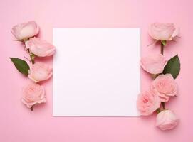 ai gegenereerd kader met roze bloemen en blanco vel Aan een roze achtergrond foto