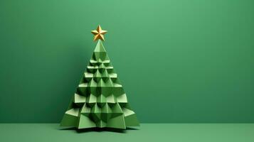 ai gegenereerd een driehoek Kerstmis boom in een 3d renderen Aan een groen achtergrond foto