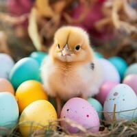 ai gegenereerd een baby kuiken zittend in een nest omringd door kleurrijk Pasen eieren. foto