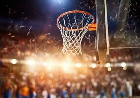 ai gegenereerd basketbal dunk van mand netto Aan basketbal veld- foto