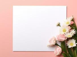 ai gegenereerd wit blanco papier plein en roze bloemen foto