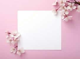 ai gegenereerd wit blanco papier plein en roze bloemen foto