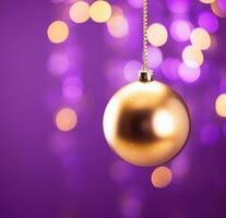 ai gegenereerd een gouden Kerstmis ornament Aan Purper achtergrond, foto