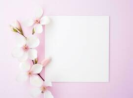 ai gegenereerd wit blanco papier plein en roze bloemen foto