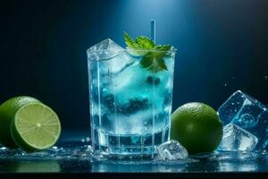 ai gegenereerd blauw lagune mojito met ijs kubussen. pro foto