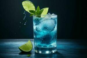 ai gegenereerd blauw lagune mojito met ijs kubussen. pro foto