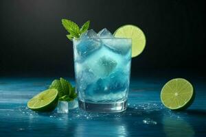 ai gegenereerd blauw lagune mojito met ijs kubussen. pro foto