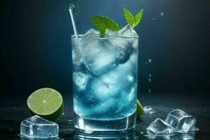 ai gegenereerd blauw lagune mojito met ijs kubussen. pro foto