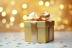 ai gegenereerd goud schitteren geschenk doos met lint tegen bokeh achtergrond foto