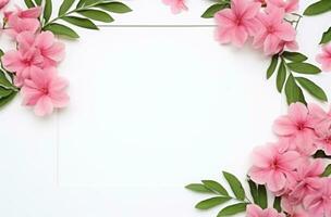 ai gegenereerd wit achtergrond met roze bloemen en groen bladeren, foto
