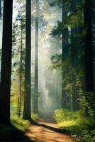 ai gegenereerd een rustig Woud met hoog bomen, gevlekt zonlicht, en een nevelig ochtend- mist foto