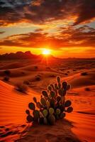 ai gegenereerd een vredig woestijn landschap met zand duinen, een levendig oranje zonsondergang, en een weinig cactussen in de voorgrond foto