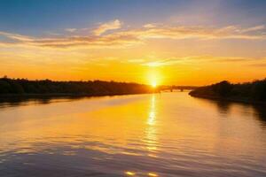 ai gegenereerd gouden uur zonsondergang Aan de meer. pro foto