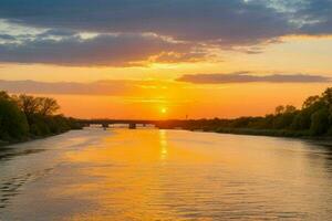 ai gegenereerd gouden uur zonsondergang Aan de meer. pro foto